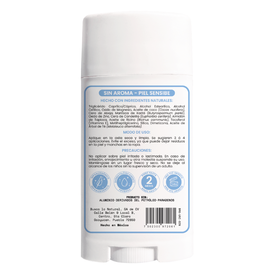 Desodorante natural corporal en barra sin aroma - piel sensible