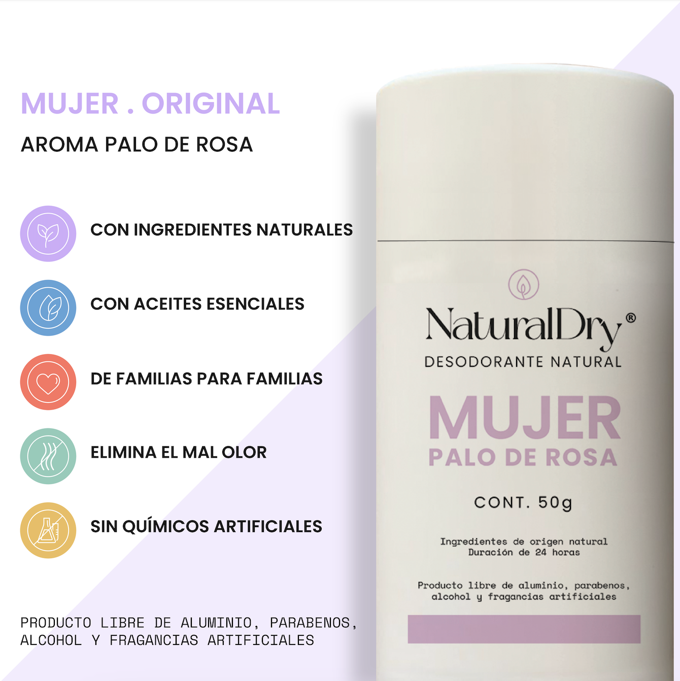 1 Desodorante natural en barra - Artesanal - Palo de Rosa- NaturalDry®